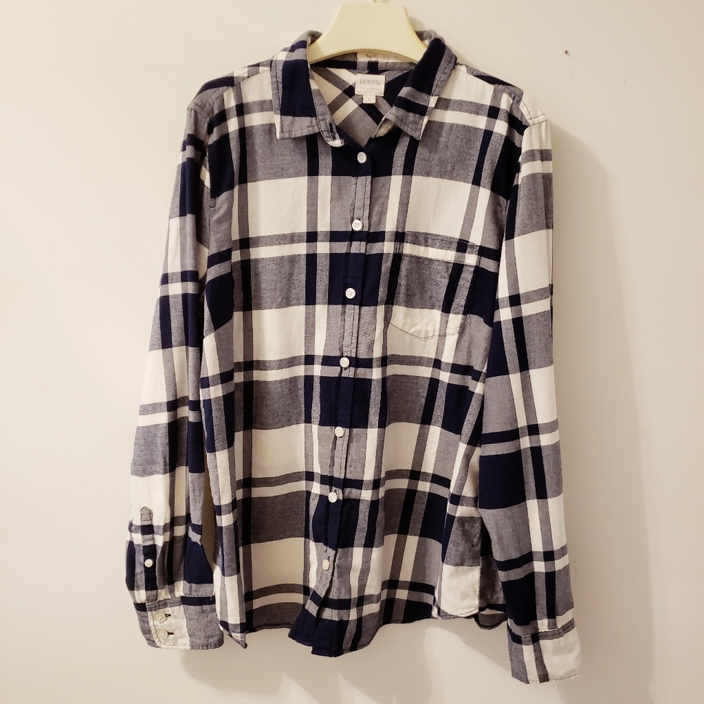 J.Crew Navy Plaid Flannel Women's Shirt Size L